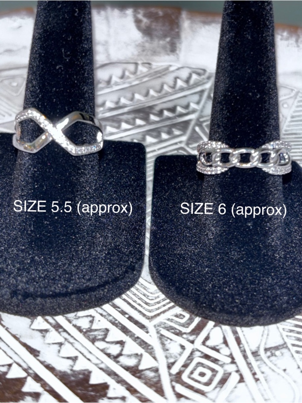 Two 18k WG Plated Sparkling Infinity & Chain Link Silver Rings NWOT